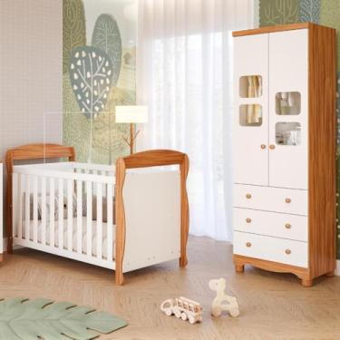 Imagem de Quarto de Bebê Completo Berço Americano Marquesa 3 Em 1 Guarda Roupa Uli 2 Portas 3 Gavetas Branco Carvalho 100% Mdf Móveis Peroba Amendoa/branco
