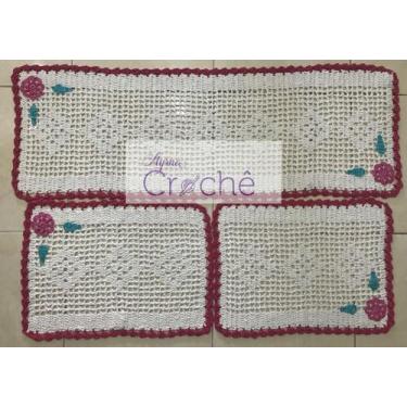 Imagem de Kit Cozinha Crochê Retangular Médio com Aplicação 3 Peças - Myrna Croc