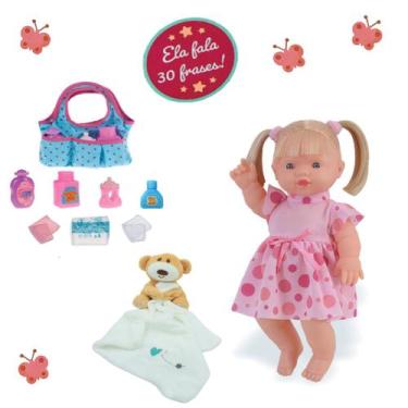Imagem de Boneca Baby Fala 30 Frases Menina + Naninha Urso + Bolsinha - Adijomar