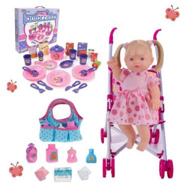 Imagem de Boneca Bebê Loira Elisi + Carrinho + Bolsinha e Jantarzinho - Adijomar