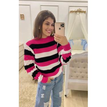 Imagem de Blusa De Tricot Ponto Fang Listrada 3 Cores Manga Colméia - Dylu's Tri