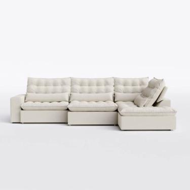 Imagem de Sofá Volt com Chaise 3,20m em Veludo Atenas Off White - Home Mobily