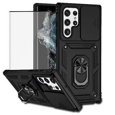 Imagem de Yodueiv Capa para Galaxy S22 Ultra/Samsung S22 Ultra SM-S908U com protetor de tela de vidro temperado e capa deslizante para câmera, anel magnético para carro para Samsung Galaxy S22 Ultra 5G preto