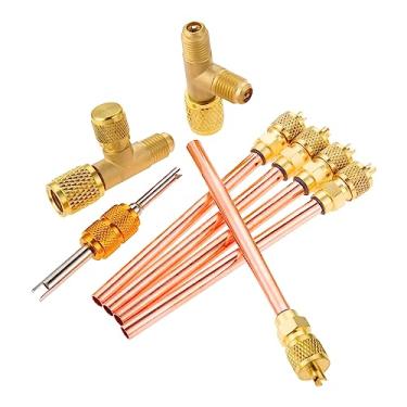 Imagem de Kit de válvula de acesso/serviço, incluindo 0,6 cm SAE x 0,6 cm de diâmetro externo x 10,16 cm, removedor de núcleo de haste de válvula, adaptador de acoplador rápido de latão flare 1/4 SAE, T de acesso rápido do acoplador para coletor de bomba de vácuo profundo de calibre