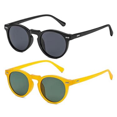 Imagem de Gleyemor Óculos de sol vintage polarizados para homens, óculos de sol redondos, proteção UV400, armação de acetato retrô feita à mão, Pacote com dois (armação preta/lente cinza + armação amarela/lente