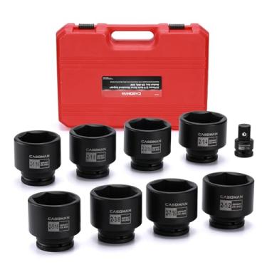 Imagem de CASOMAN Conjunto de soquetes de impacto de porca de eixo Dr. de 3/10.2 cm, 6 pontos, CR-MO, 6 a 6 cm, conjunto de soquetes grandes de impacto de 8 peças, uso pesado na remoção e instalação de porcas
