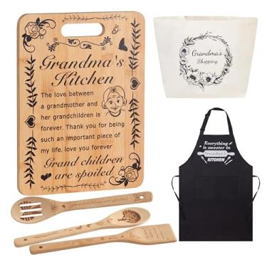 Imagem de Presentes de cozinha para avó tábua de corte de bambu gravada na época do Natal com conjunto de utensílios de cozinha com avental, sacola de lona para avó, presente de dia das mães
