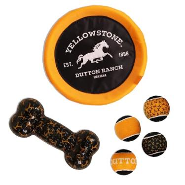 Imagem de design LAB, Inc. Yellowstone Produtos oficiais de brinquedos ao ar livre para cães – Conjunto de presente | 4 bolas de cachorro estridentes para buscar, disco de frisbee e osso de mastigar durável