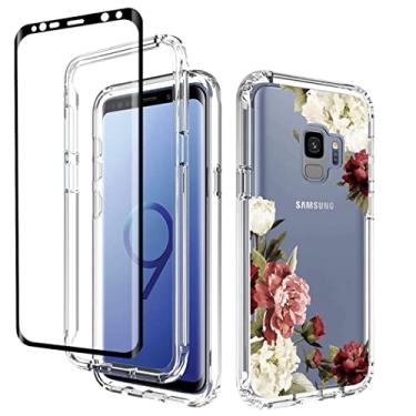 Imagem de Yodueiv Capa para Galaxy S9, Samsung S9 SM-G960U com protetor de tela de vidro temperado, capa protetora para celular com estampa floral transparente de corpo inteiro para Samsung Galaxy S9 (flor)