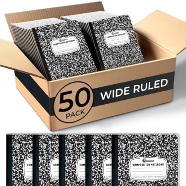 Imagem de Rosmonde Cadernos de composição a granel, pauta larga, pacote com 48, 200 páginas (100 folhas), 24 x 19 cm, capa dura, encadernação costurada, caderno de composição de mármore preto, 2 unidades adicionais enviadas gratuitamente (50 unidades)