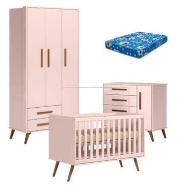 Imagem de Quarto De Bebê Retrô Rosa Com Colchão Ortobom - Qmovi