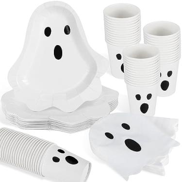Imagem de Fuutreo 96 peças de utensílios de mesa para festa fantasma de Halloween, incluindo 48 guardanapos de Halloween para convidados, 24 pratos em forma de fantasma, 24 peças de copos de papel fantasma descartáveis de 255 g, servem para 24 convidados festa de Halloween