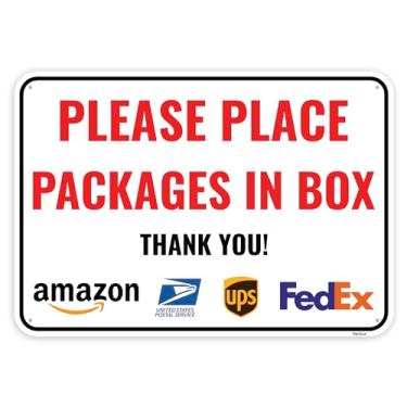 Imagem de 1 placa de entrega para pacotes - Coloque os pacotes na caixa, 25 x 18 cm - Alumínio - Instruções de entrega para meus pedidos de pacotes da Amazon, UPS, FedEx, USPS