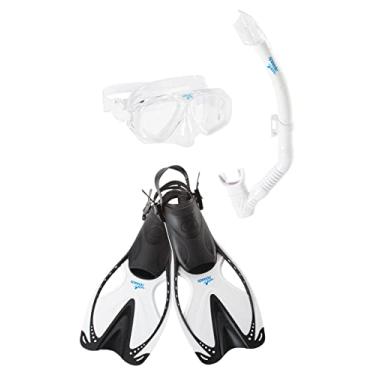 Imagem de Speedo Conjunto de máscara de natação unissex para adultos, snorkel e nadadeiras preto/branco, pequeno/médio