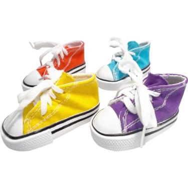 Imagem de Mandarin Bird Toys 5604 Pk4 Trituradores de tênis da M&M – Mini lona de algodão sola de borracha brinquedo de renda para pés, fácil de encher com material, perfeito para papagaio, papagaio, periquita,