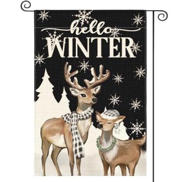 Imagem de AVOIN colorlife Hello Winter Rena Floco de neve Bandeira de jardim 30,5 x 45,7 cm Dupla face externa, bandeira decorativa de inverno rústica sazonal para jardim externo preta