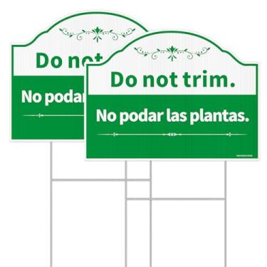 Imagem de Placa de não aparar, placa bilíngue de plantas em inglês e espanhol, pacote com 2 - 30,5 cm x 22,8 cm dupla face com estacas H de metal, proteção UV, impermeável, não desbota, fácil de montar (verde)