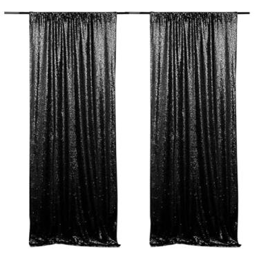 Imagem de ZiDeTang 60 cm x 2,4 m de poliéster preto lantejoulas painéis de cortina de pano de fundo preto transparente para fotos cortinas transparentes para casamento, festa de aniversário, Natal, pacote com 2