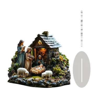 Imagem de UGPLM Ornamento de presépio de jesus com base 2d, decoração de mesa colecionável, peça central para quarto, sala de estar, estante