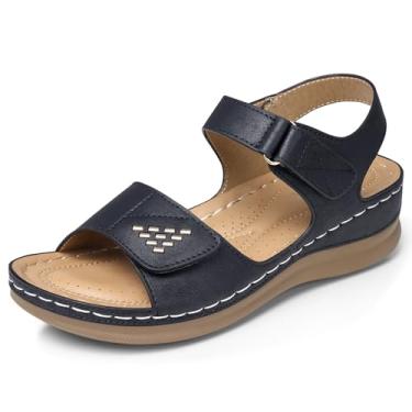 Imagem de SWQZVT Sandálias planas para mulheres: sandália confortável de caminhada de verão - sandálias plataforma de velcro com bico aberto, 58 preto, 37