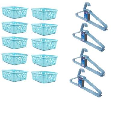Imagem de Kit 10 Cestos Organizador Pequeno 16x12x6Cm + 20 Cabides Azul - 123 Or