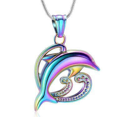 Imagem de AIWENXI Colares de urna de golfinho para cinzas, ondas, urnas de cremação, colares com pingente, joias de aço inoxidável, lembranças, humanas/animais de estimação, joias com pingente de cinza para
