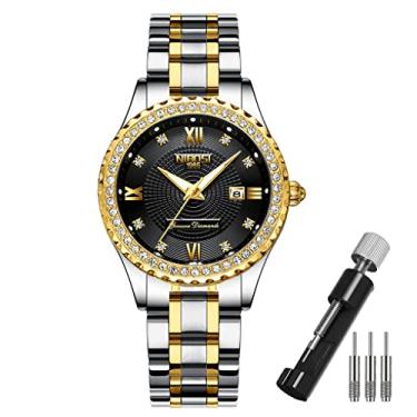 Imagem de Relógios femininos diamante luxo ouro prata senhoras moda clássica analógico quartzo impermeável vestido inoxidável luminoso dia data esposa presentes relógio de pulso NIBOSI, L2357black, Clássico