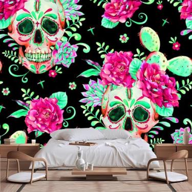 Imagem de Lcythiazole Papel de parede de caveira de tamanho personalizável papel de parede fantasma papel de parede de terror grande cor crânio peônia papel de parede para sala de estar, quarto, restaurante