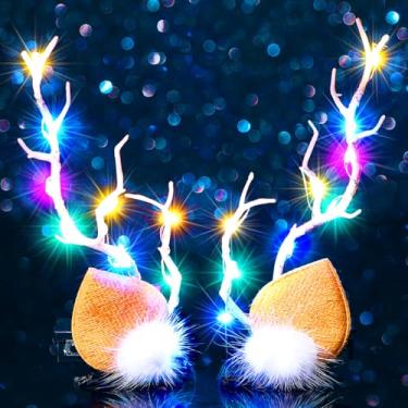 Imagem de Jeairts Clipes de cabelo de Natal LED chifres de rena grampos de cabelo ramos Floal colorido chapéu de natal vestido de cabelo festival acessórios de cabelo para mulheres e meninas (luz colorida Z-)