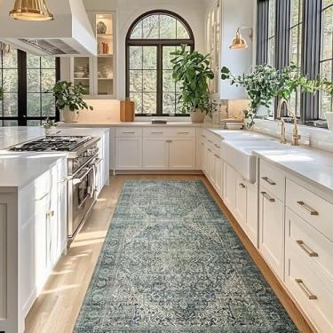 Imagem de BILEEHOME Tapete de 5 x 15 cm para sala de estar, vintage, floral, impermeável, antiderrapante, para homens, escritório, pisos de madeira, quarto, verde-esmeralda escuro, 3 x 5