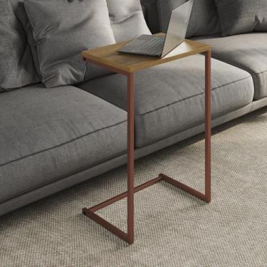 Imagem de Mesa Lateral Apoio de Sofá Charmme Ferro Cobre Tampo Freijo 70cm Pés de Aço Industrial Decoração Para Casa