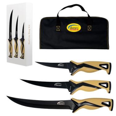 Imagem de danco Kit de saco de enrolar Pro Series | Facas de filete de 12,7 cm e 17,7 cm e faca robusta de 23 cm | Lâminas de aço inoxidável alemão G4116 com revestimento de teflon, bainha de enrolamento de nylon, perfeita para pesca em água salgada e caça (tempestade de areia)
