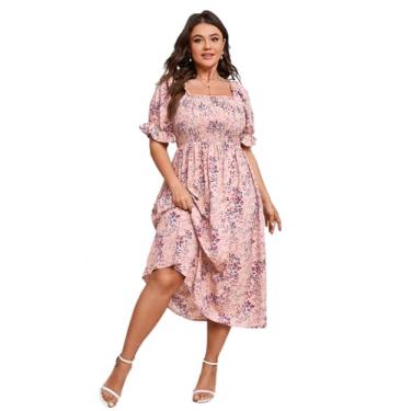 Imagem de KOJOOIN Vestido feminino floral de verão, manga bufante, plus size, com babados e gola quadrada, vestido midi fofo, Flor rosa, 3G