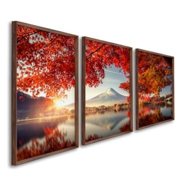 Imagem de Quadro Decorativo Triplo Paisagem de Montanhas com Flores Vermelhas Beleza e Harmonia em 3 Telas (Tabaco, 60x90, C/Vidro)