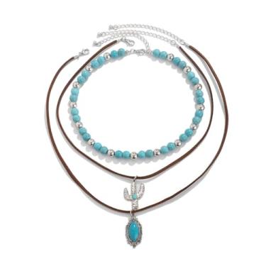 Imagem de KPYSWVM Colares ocidentais em camadas para mulheres vintage turquesa frisada colar ocidental com cabeça de boi cacto chapéu de caubói colares joias para mulheres, concerto country, vestidos de