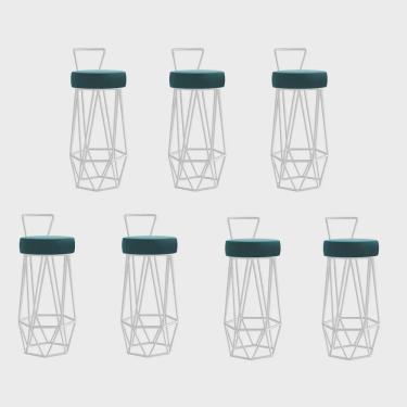 Imagem de Kit 07 Banqueta Com Encosto Botti Hexágono Cozinha Bar Ferro Branco Suede Azul Turquesa - Ahz Móveis