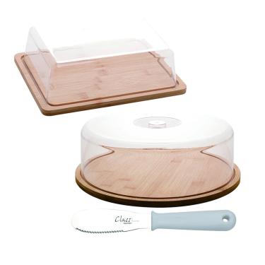 Imagem de Kit Manteigueira Boleira Bambu e Espátula Inox Class Home