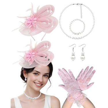 Imagem de Bniksok 1920s Blush Pink Easter Bunny Fascinators Hats for Women Vintage Veil Hat Lace Gloves Spring First Communion Cocktail Tea Party Wedding Halloween