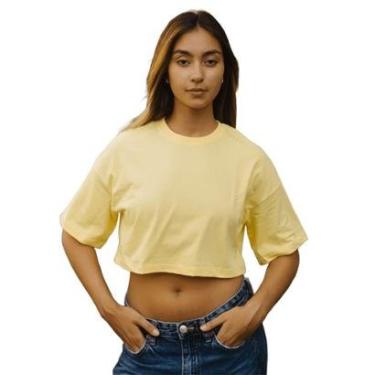 Imagem de Camiseta Feminina T-shirt Cropped Basico Liso Manga Curta Oversized Confortavel Streetwear Amarelo-Feminino