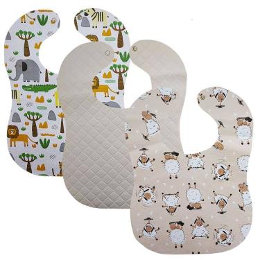 Imagem de Babador Impermeavel Bebe Kit 3 25x34cm Estampas Divertidas Botão Pressão Menino Menina