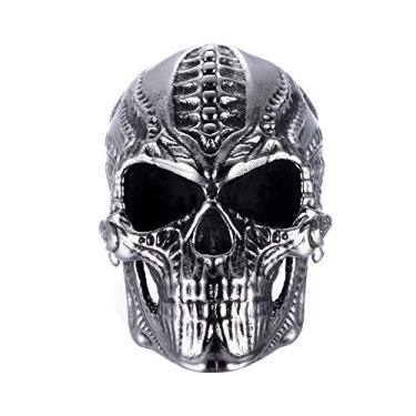 Imagem de SINLEO Novo anel masculino de aço inoxidável com cabeça de caveira punk esqueleto motociclista pulseira vintage prata preta joia, Metal, Sem pedra preciosa