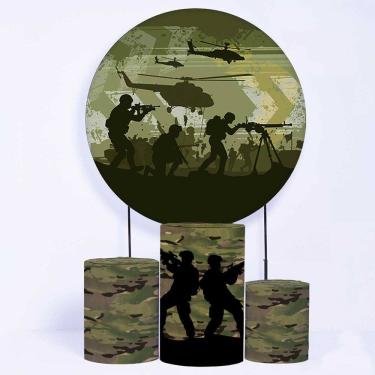 Imagem de  Kit Painel de Festa Redondo de 1,50m e Trio de Cilindros Camuflado - Fera Print