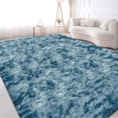 Imagem de TENNOLA Tapete grande de pelúcia moderno 20 x 25 cm para sala de estar, tingido, azul, fofo, felpudo, tapete para quarto, tapete felpudo grande para berçário, sala de jogos, quarto de meninos e