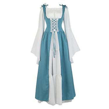 Imagem de Zhitunemi Fantasias Renascentista para Mulheres Vestido Gótico de Fada Chemise Vestido Camponês Fantasia Medieval, Lago azul, X-Small