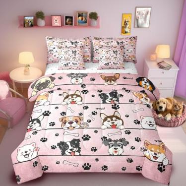 Imagem de Manfei Jogo de cama casal de cachorro fofo, 7 peças, desenho animado, animal de estimação, osso de pata preta, para todas as estações, 1 edredom, 2 fronhas, 1 lençol de cima, 1 lençol com elástico