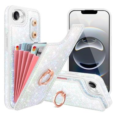 Imagem de Casewind Capa carteira compatível com iPhone 16e, capa flip com glitter com 5 porta-cartões, suporte de anel de rotação de 360°, capa à prova de choque, capa de couro PU brilhante para iPhone 16e 6,1