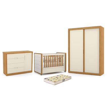 Imagem de Dormitório Tutto New 2 Portas, Cômoda 1 Porta e Berço com Capitonê e Colchão Supreme - Matic Móveis Off White/Freijó