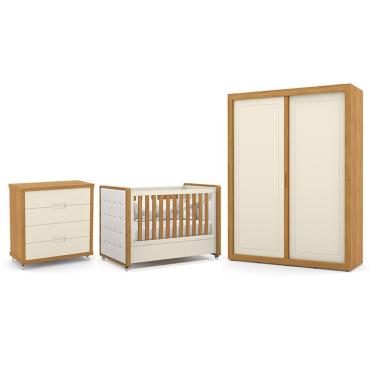 Imagem de Dormitório Tutto New 2 Portas, Cômoda 4 Gavetas e Berço com Capitonê - Matic Móveis Off White/Freijó