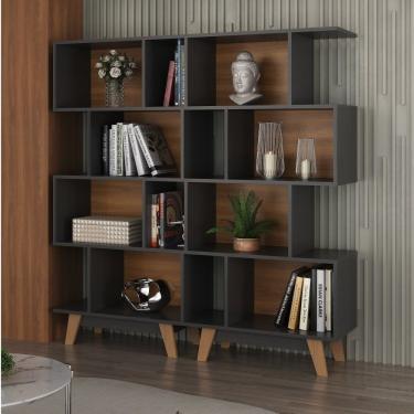Imagem de Conjunto 2 Estantes Livreiro 4 Nichos Hecol Móveis Grafite/Nogal
