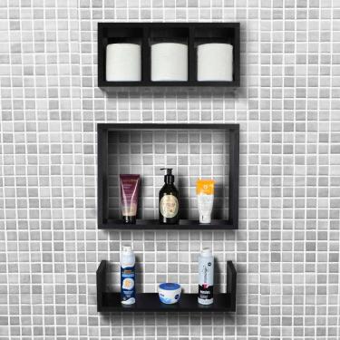 Imagem de Kit 3 Peças Nicho Prateleira Para Banheiro 40 X 12cm Preto